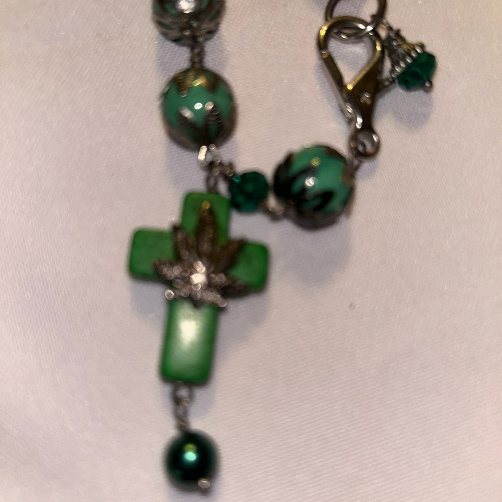 Silver and Green Cross Charm Bracelet